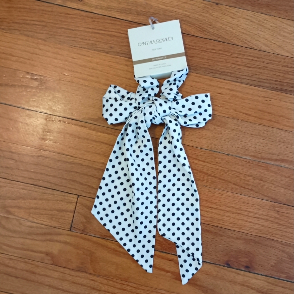 3/$10 🌟 NEW Cynthia Rowley Black & White Polka Dot Satin Hair Ribbon Bow Tie